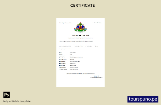 listo para imprimir certificado de defunción de Haití Plantilla en Word y PDF
